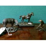 Bronze figure of a horse, standing on a black slate base, a modern bronze figure of a Meercat and