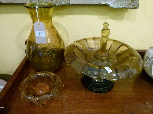 1930's period amber glass table centre and two other similarly coloured pieces of glass