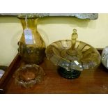 1930's period amber glass table centre and two other similarly coloured pieces of glass