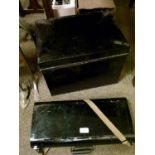 Rectangular black metal deed box and one other rectangular metal document box
