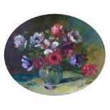 J.Olivier - Oval oil on canvas laid on board - Still life with flowers, signed, framed