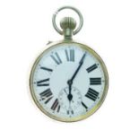 Early 20th Century nickel cased over sized pocket watch having white enamel dial and Roman