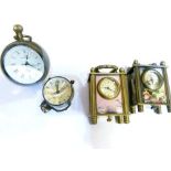 Two reproduction miniature carriage clocks and two other clocks