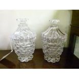 Pair of 19th Century cut glass honey jars, each having a high cover with floret shaped knop and