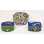Japanese cloisonnÚ hexagonal box and cover having foliate decoration on a speckled grey ground, 12.