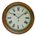 19th Century oak cased circular single fusee wall clock by Kleyser & Co of London, the off-white
