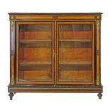 Late Victorian ormolu mounted satinwood banded ebonised cabinet bookcase fitted three shelves