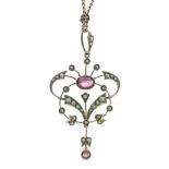 Edwardian garnet and seed pearl pendant, stamped G & W and '9ct', on a chain, pendant 5cm long,