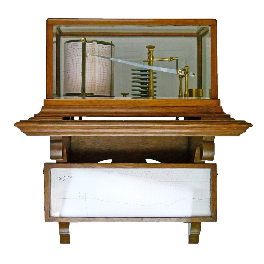 Early 20th Century oak cased barograph having bevelled glazed panels and standing on splayed bracket