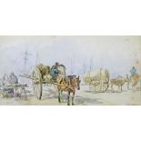 Manner of J.S. Cotman (1782-1842) - Pencil and watercolour - Horsedrawn carts on a harbour side,