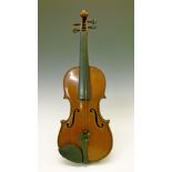 Three quarter size violin, probably German, with bow, cased  Condition: Bow is in poor condition