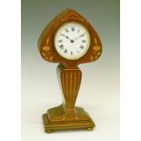 Edwardian Art Nouveau design inlaid mahogany cased mantel clock having inlaid stylised foliate