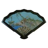 Japanese cloisonnÚ fan shaped plaque decorated with a landscape showing a family catching