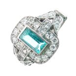 Emerald and diamond panel ring, the rectangular cut stone to a single cut set mount with single cuts