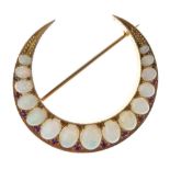 Opal and ruby crescent brooch, marked A & Co and '15ct', the fifteen graduated opal cabochons with