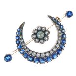 Late Victorian sapphire, diamond and pearl brooch, designed as a crescent with an outer row of