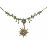 Late Victorian pearl set necklace, the pearl set frontispiece to a rope back chain, with a