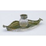 Edward VII silver and tortoiseshell oval inkstand having an ovoid cut glass inkwell, makers Grey &