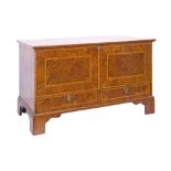 George II figured walnut veneered mule chest having inlaid herringbone banding, fitted two short