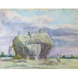 Sir Frank Brangwyn R.A (1867-1959) - Watercolour - Farm labourers building a haystack, squared for