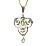 Edwardian peridot and seed pearl pendant brooch, stamped '9ct', on a chain, later replacement