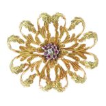 Ruby and diamond brooch, 1960's, the central cluster within a mount stamped '18k' of curled