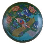 Japanese cloisonnÚ circular dish decorated with a bird perched on the bough of a tree within