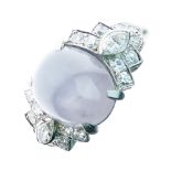 Star sapphire and diamond ring, the oval grey cabochon between shoulders set with a marquise diamond