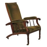 George IV mahogany framed adjustable reclining drawing room chair, the open arms with scroll