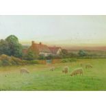 George Oyston (1860-1937) - Watercolour - At Set Of Sun, signed, being a cottage with sheep in the