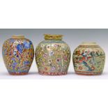 Three Chinese ginger jars, each with 'Clobbered' decoration, 16cm, 19cm and 19.5cm high