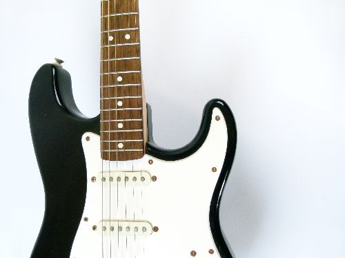 Guitars - Fender Stratocaster, serial number MN588519, black body with off-white and cream fittings, - Image 4 of 8