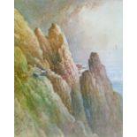 William Cook of Plymouth (1840-1897) - Watercolour - Three goats on a rocky coastal cliff,