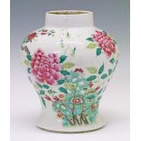 Chinese Famille Rose baluster vase having foliate decoration, the underside with two blue concentric