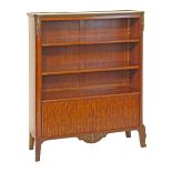 20th Century French ormolu mounted inlaid mahogany and kingwood open bookcase having an inset marble