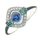 Sapphire, diamond and emerald ring, the central circular cut stone between parallel line of