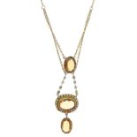 Edwardian citrine and seed pearl pendant necklace, the oval cluster with a citrine drop below and