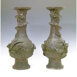 Pair of large Japanese bronze vases, Meiji period, being of baluster form and decorated in high