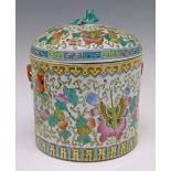 Chinese Famille Rose water jar and cover decorated in polychrome enamels with butterflies and melons