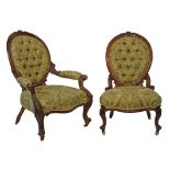 Pair of Victorian lady's and gentleman's carved walnut framed cameo back drawing room chairs, one