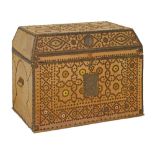 19th Century studded brass bound sarcophagus shaped trunk, 81cm wide  Condition: Please see extra