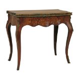 19th Century marquetry inlaid figured walnut serpentine front fold over card table, the top with