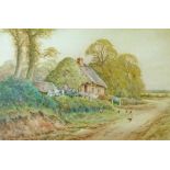 Theresa Stannard (1898-1947) - Watercolour - Thatched cottage on a lane with chickens, signed,