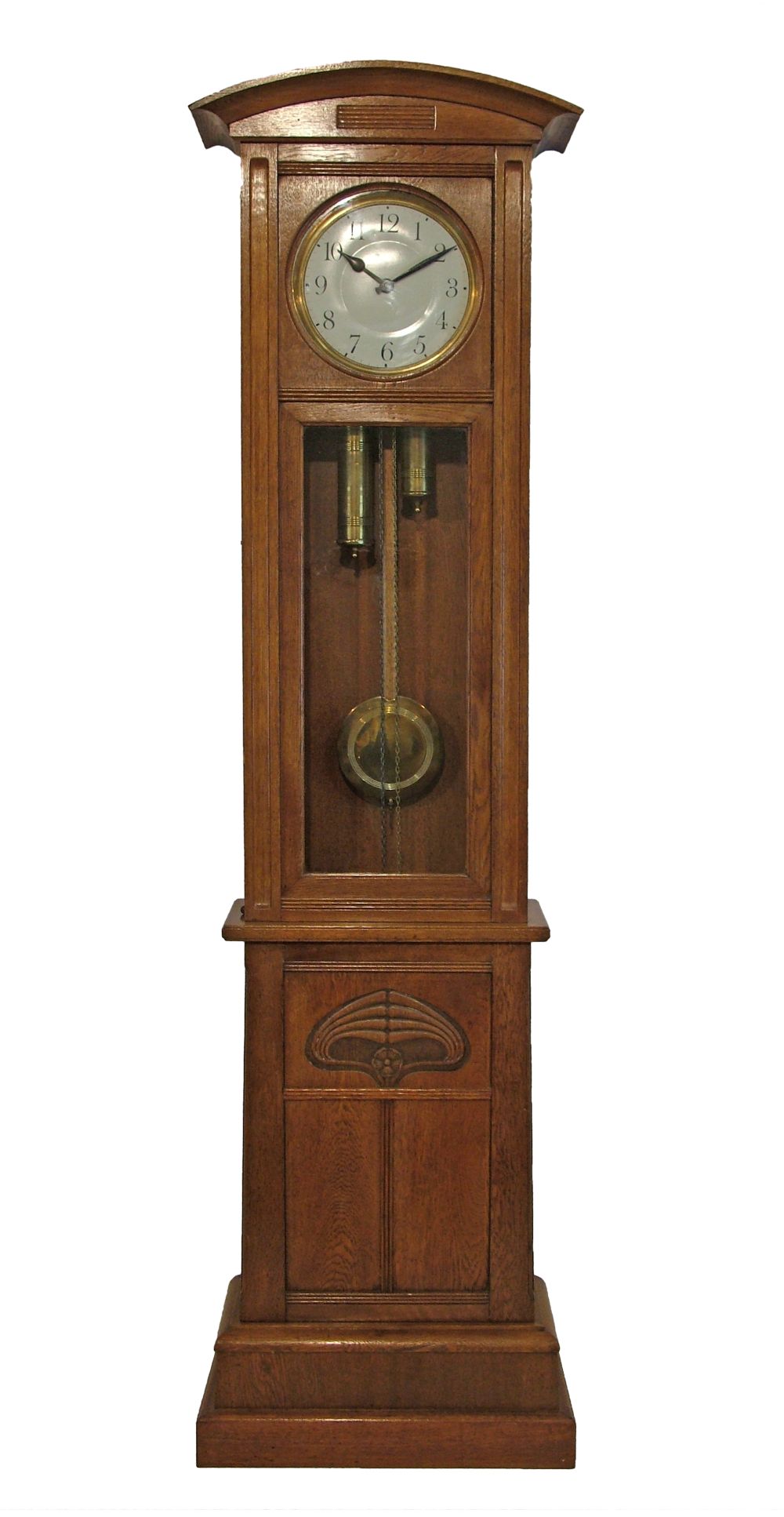 Early 20th Century light oak longcase clock having Secessionist style carved foliate decoration, the