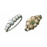 Victorian emerald and pearl ring, the central cluster with a trio of stones to each shoulder, size