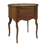 Early 20th Century inlaid mahogany kidney shaped side cupboard having a brass gallery top, one