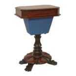 Victorian rosewood work table, rectangular top with canted corners opening to reveal a fitted