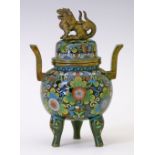 Japanese cloisonnÚ koro decorated with stylised foliage on a black ground, the dome cover with