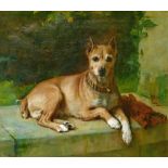 Follower of Arthur J. Elsley (1860-1952) - Oil on canvas - Sweet Bobs - Portrait of a recumbent dog,