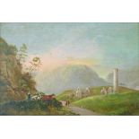 19th Century Continental School - Oil on board - Cattle and figures in an Italianate landscape